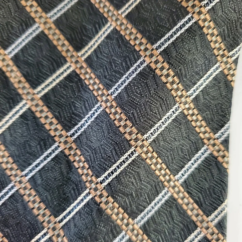 Daniel De Fasson Silk Tie Mens Grey Bronze‎ Plaid Geometric Hand Made RN 82470
